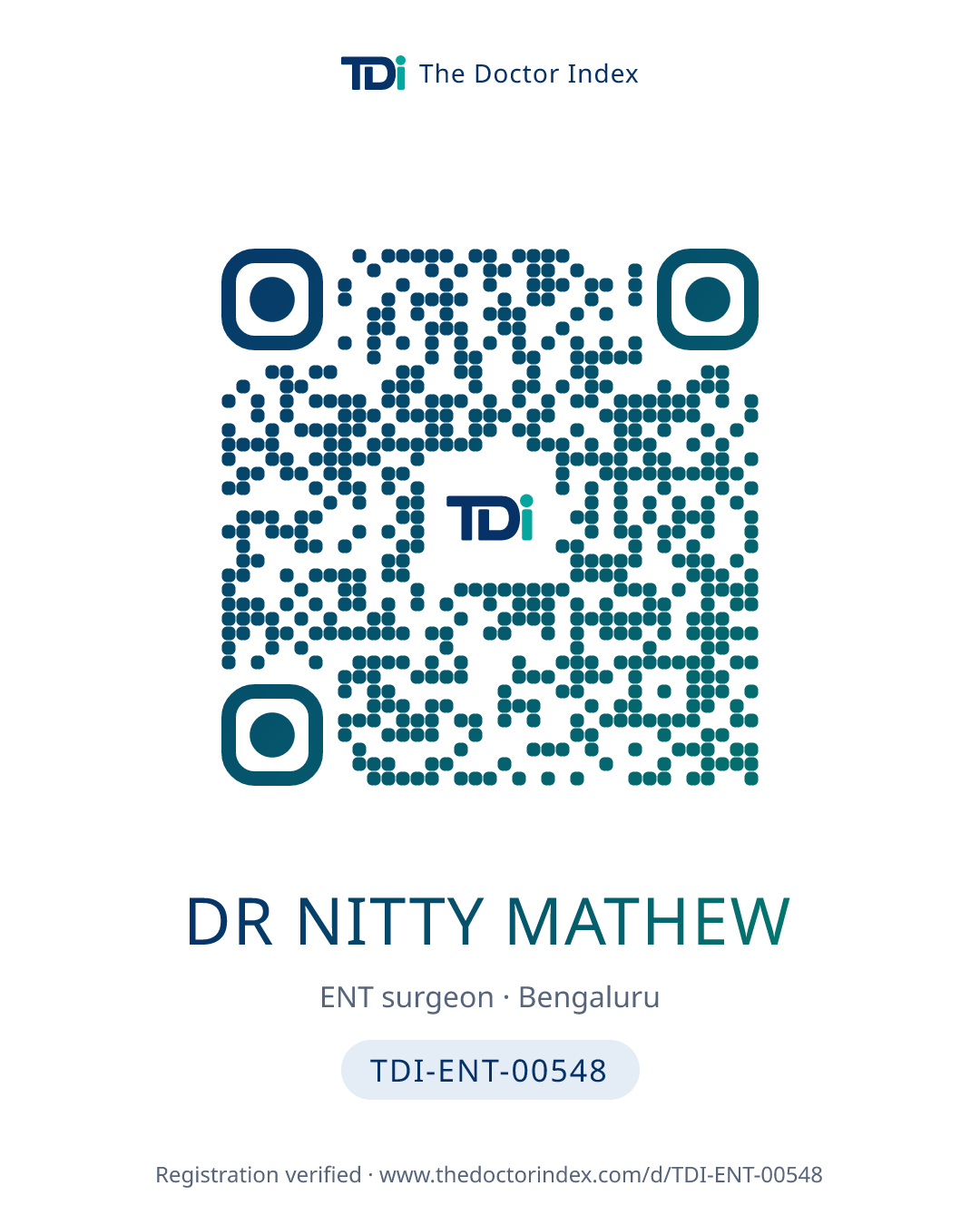 QR card for Dr Nitty Mathew, TDI-ENT-00548
