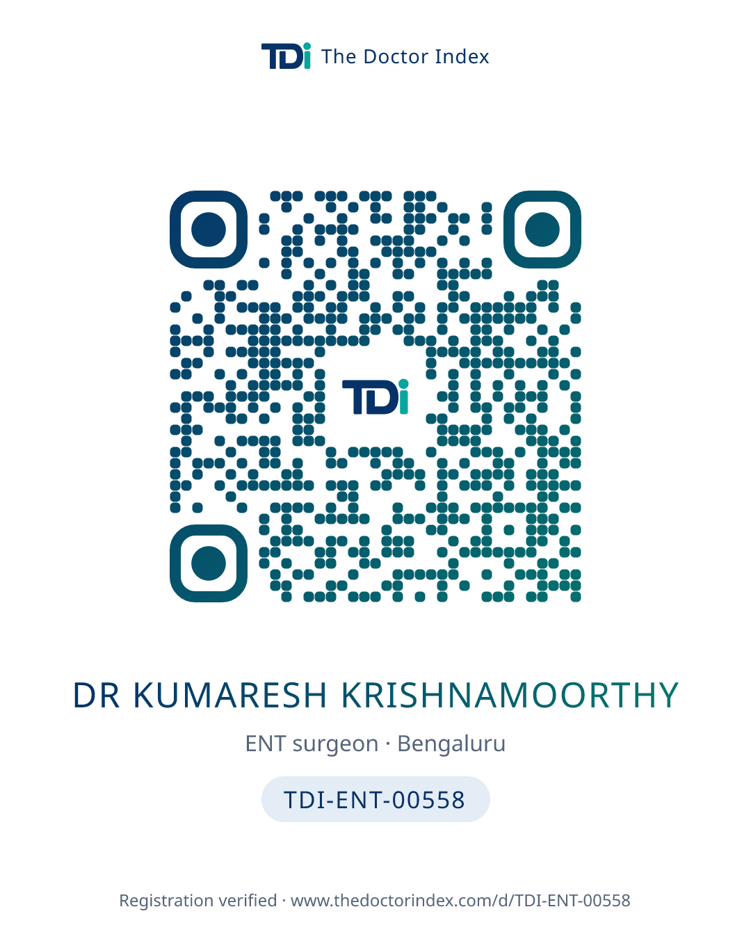 QR card for Dr Kumaresh Krishnamoorthy, TDI-ENT-00558