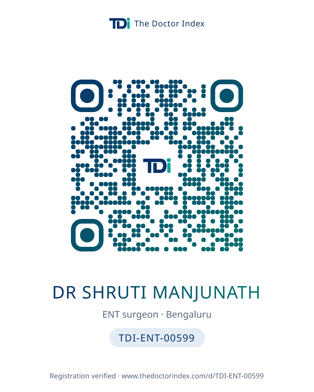 QR card for Dr Shruti Manjunath, TDI-ENT-00599