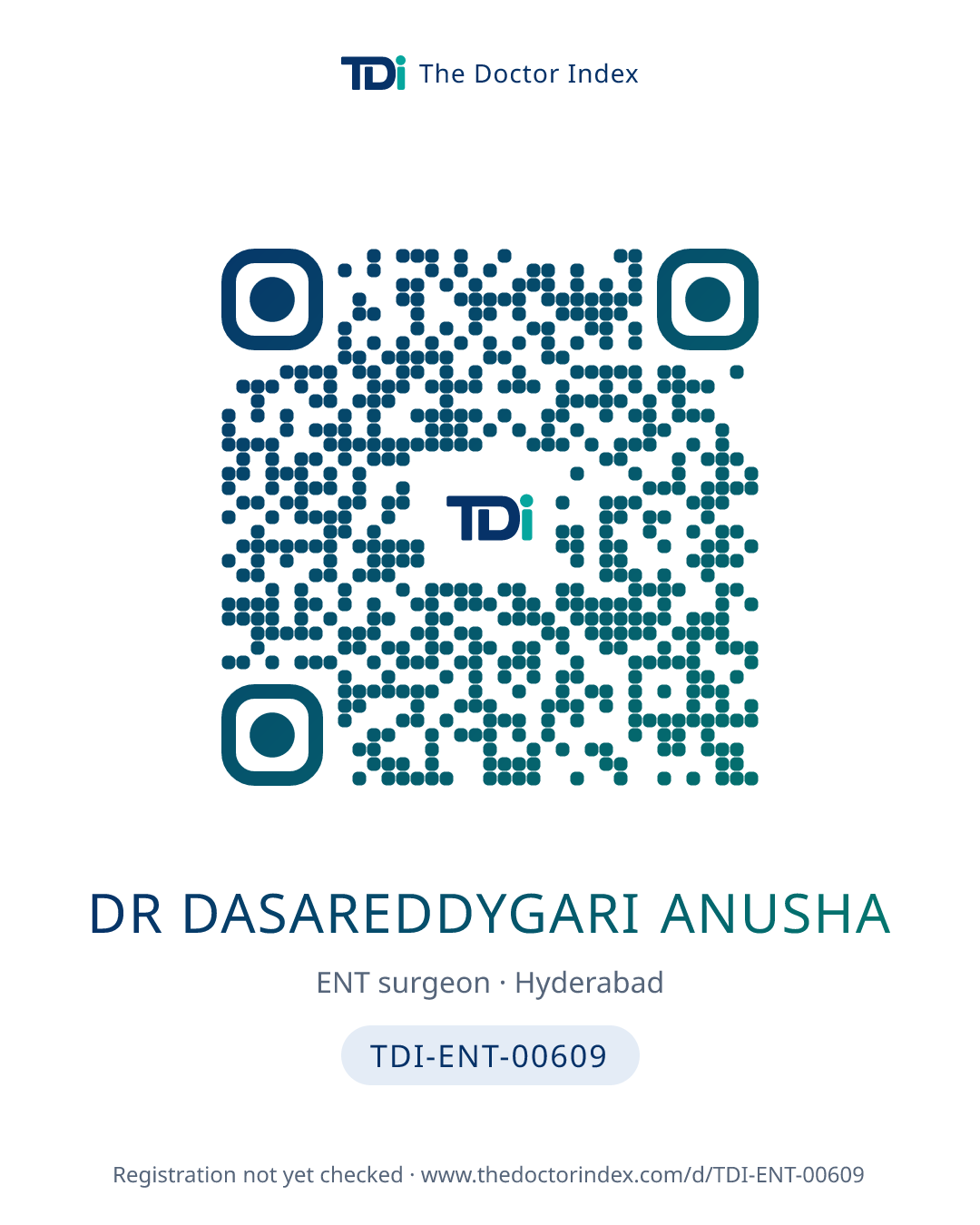 QR card for Dr dasareddygari Anusha, TDI-ENT-00609