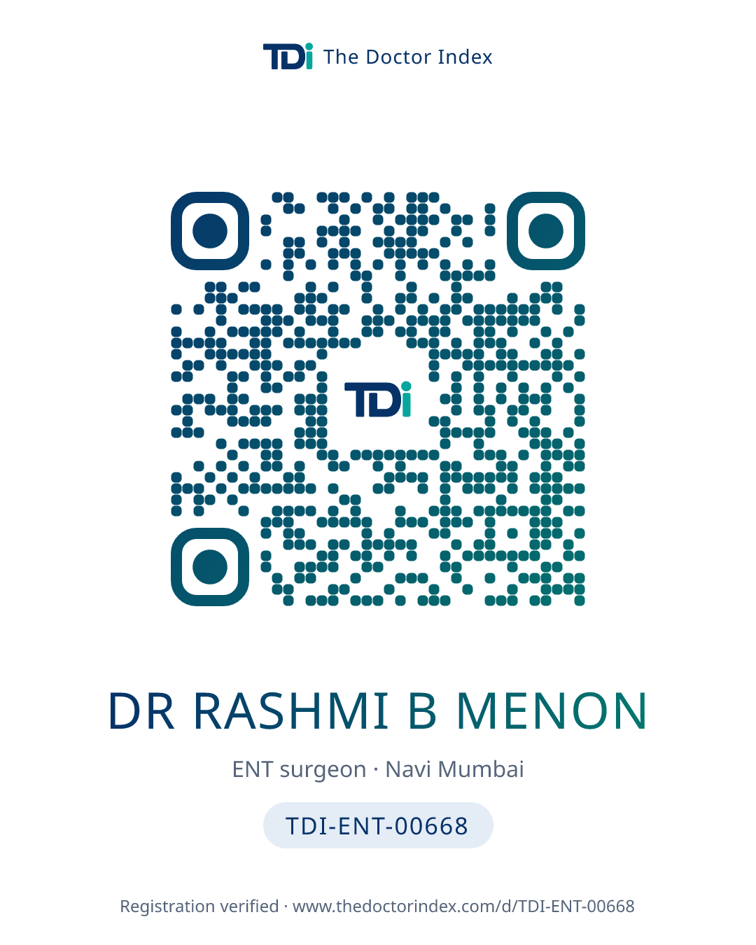 QR card for Dr Rashmi B Menon, TDI-ENT-00668