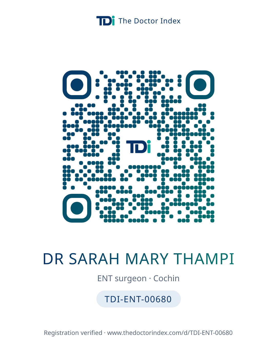 QR card for Dr Sarah Mary Thampi, TDI-ENT-00680