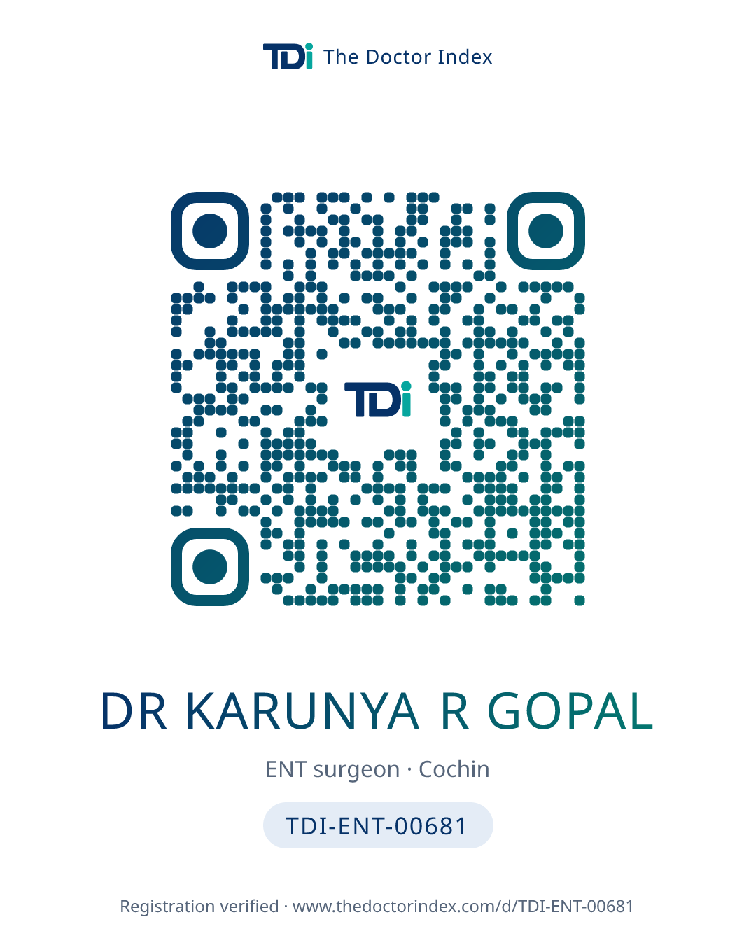 QR card for Dr Karunya R Gopal, TDI-ENT-00681