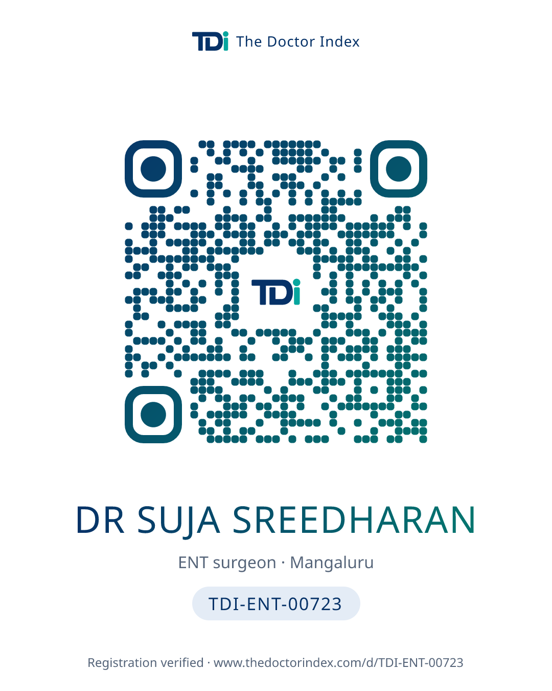 QR card for Dr Suja Sreedharan, TDI-ENT-00723