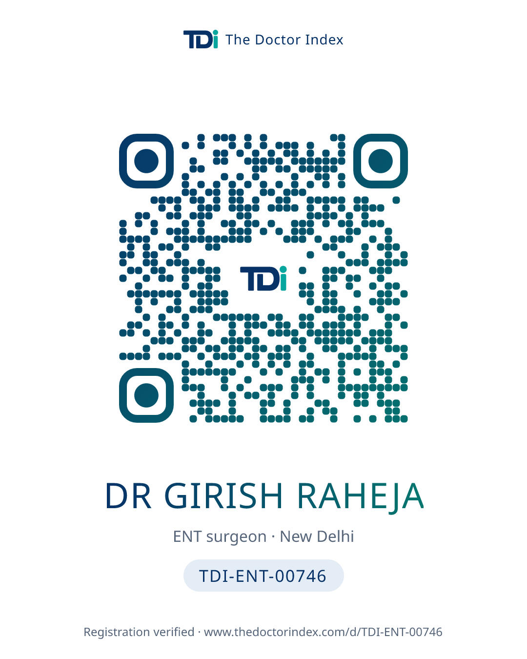 QR card for Dr Girish Raheja, TDI-ENT-00746