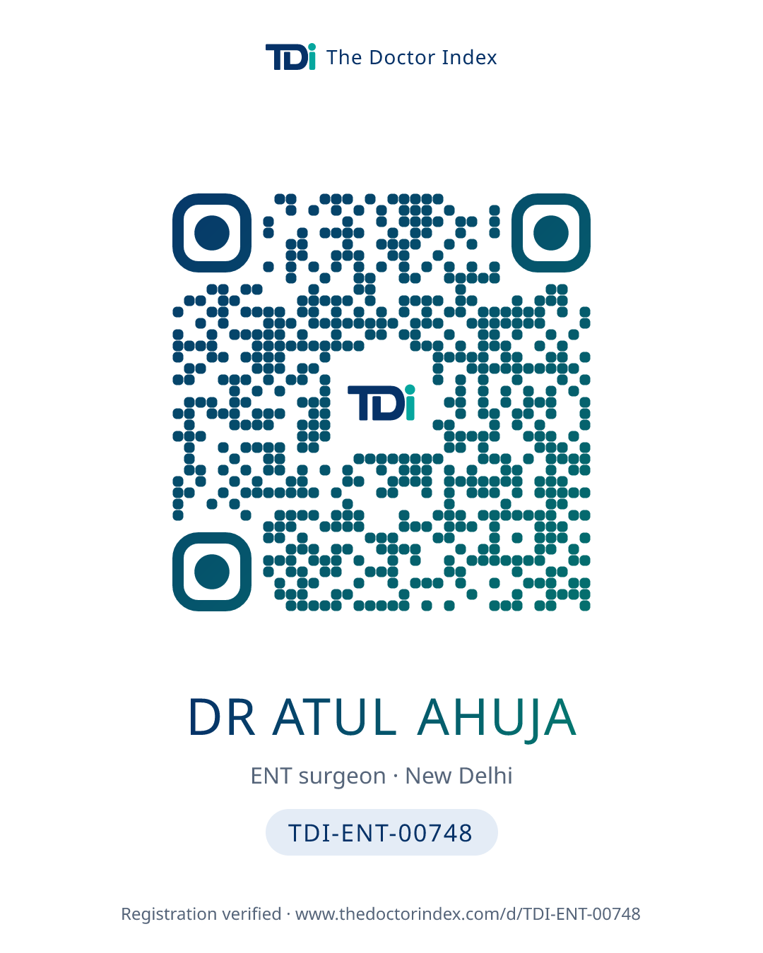 QR card for Dr Atul Ahuja, TDI-ENT-00748