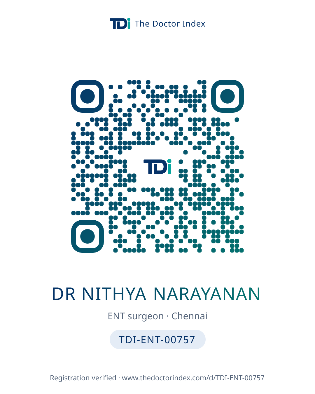 QR card for Dr Nithya Narayanan, TDI-ENT-00757