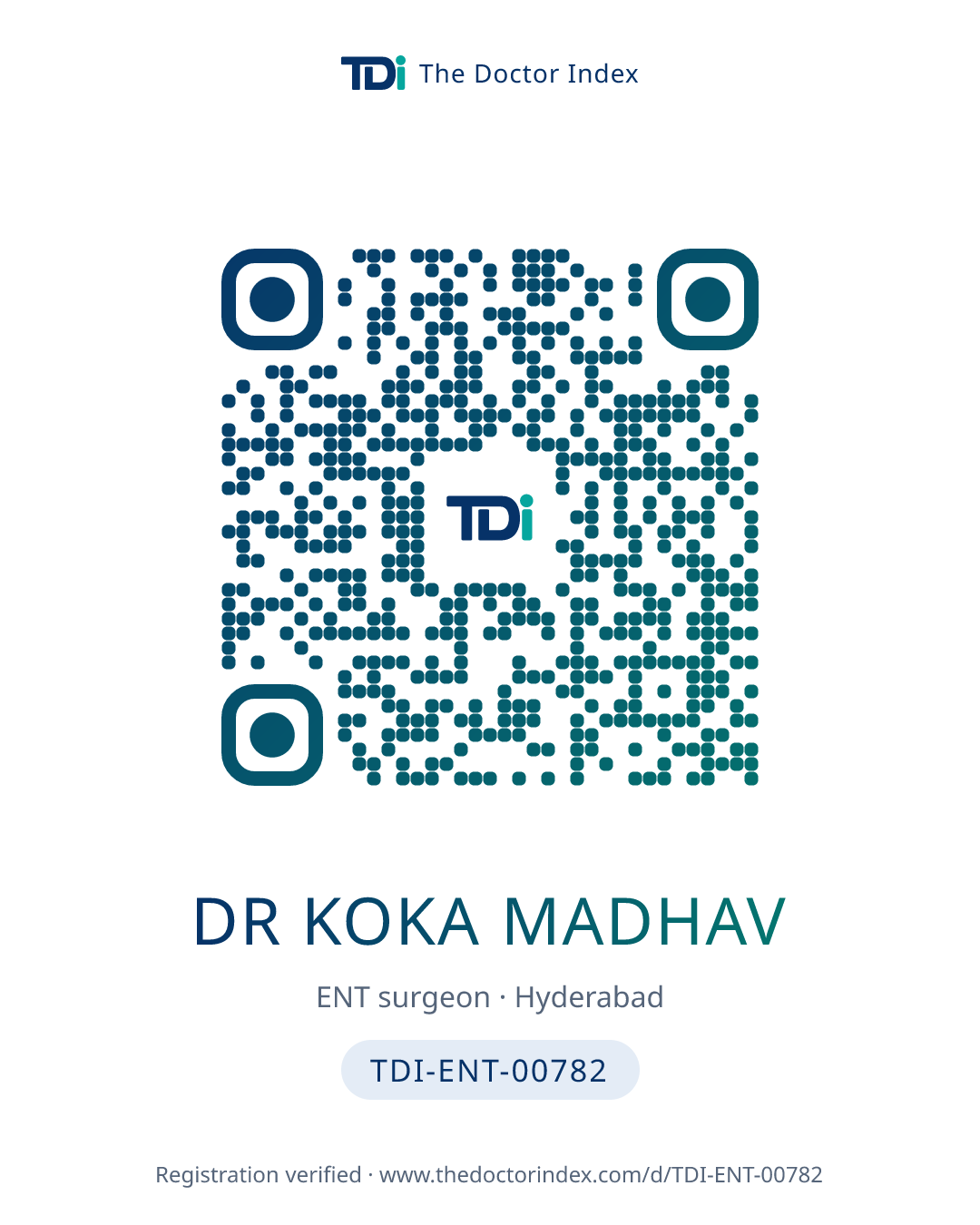 QR card for Dr Koka Madhav, TDI-ENT-00782