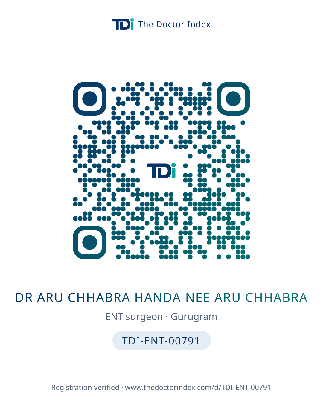 QR card for Dr Aru Chhabra Handa Nee Aru Chhabra, TDI-ENT-00791