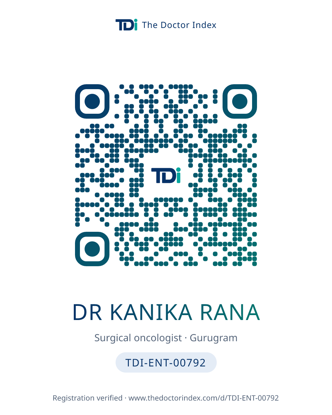 QR card for Dr Kanika Rana, TDI-ENT-00792