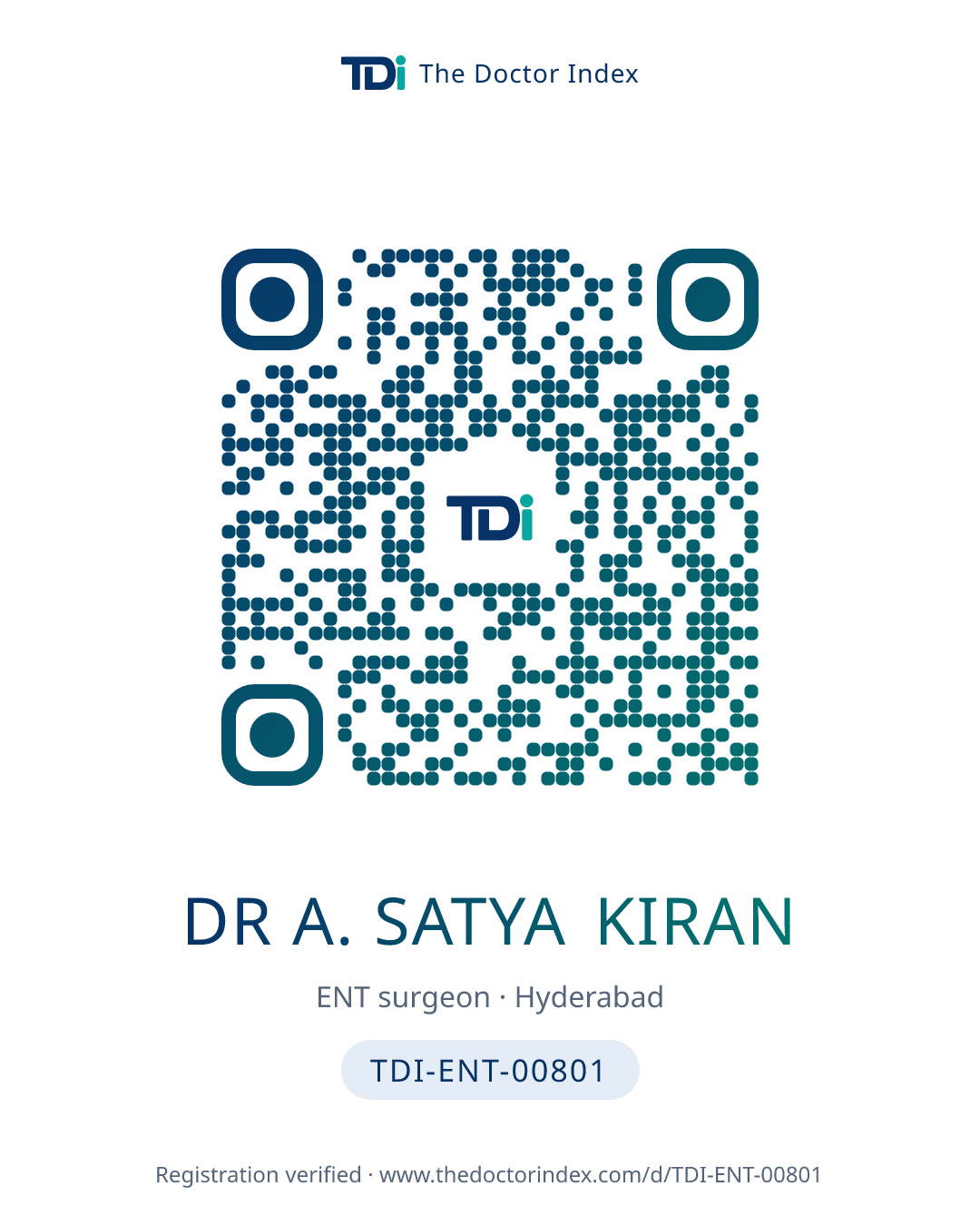 QR card for Dr A. Satya Kiran, TDI-ENT-00801