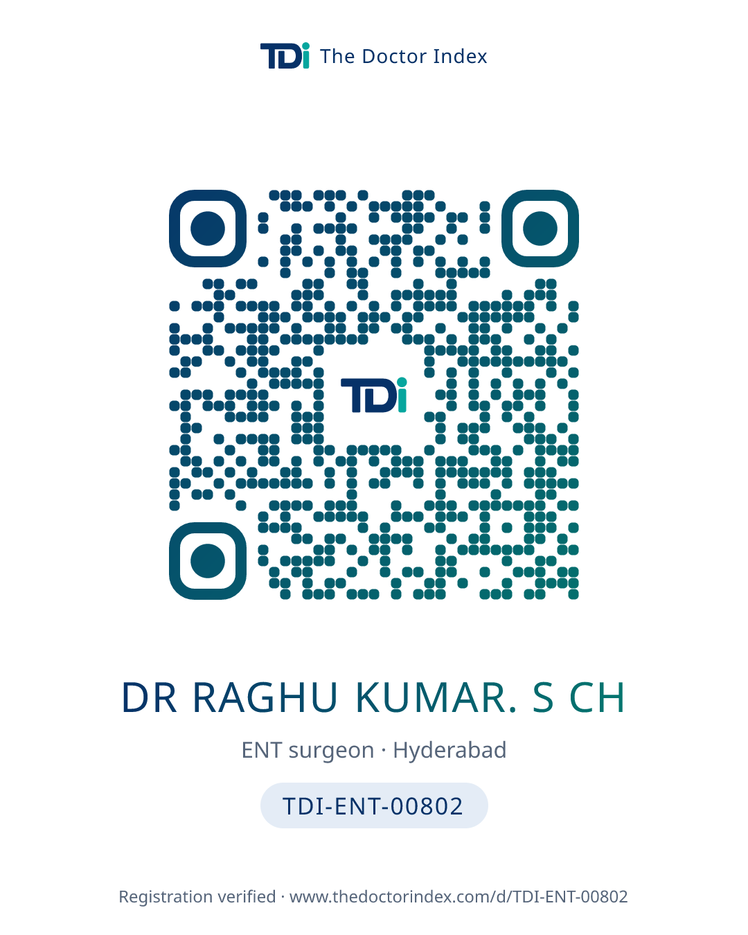 QR card for Dr Raghu Kumar. S CH, TDI-ENT-00802