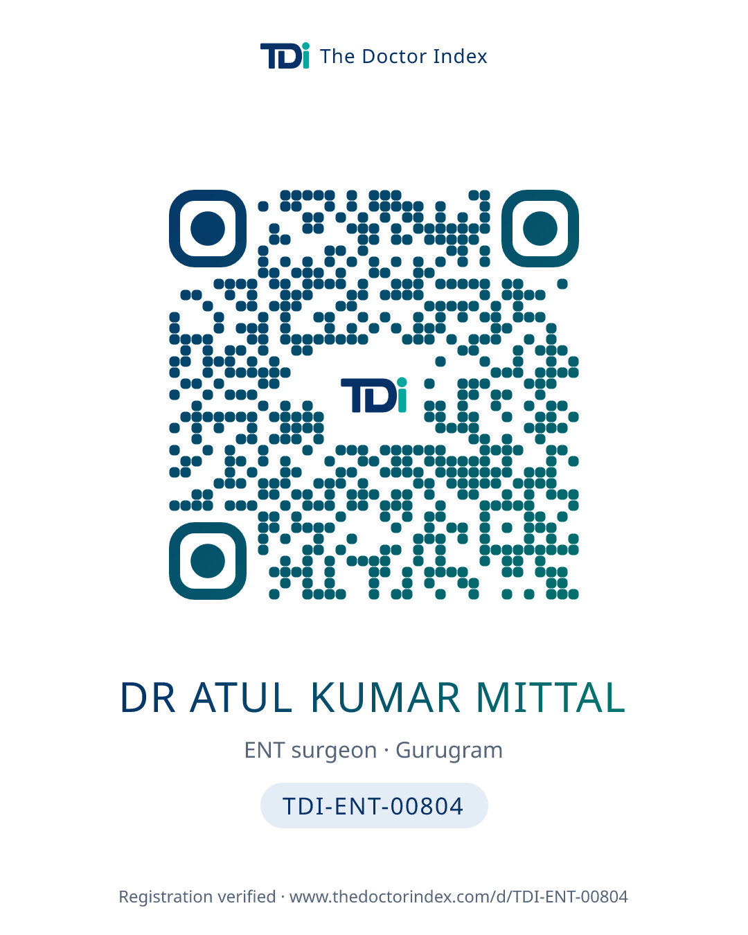 QR card for Dr Atul Kumar Mittal, TDI-ENT-00804