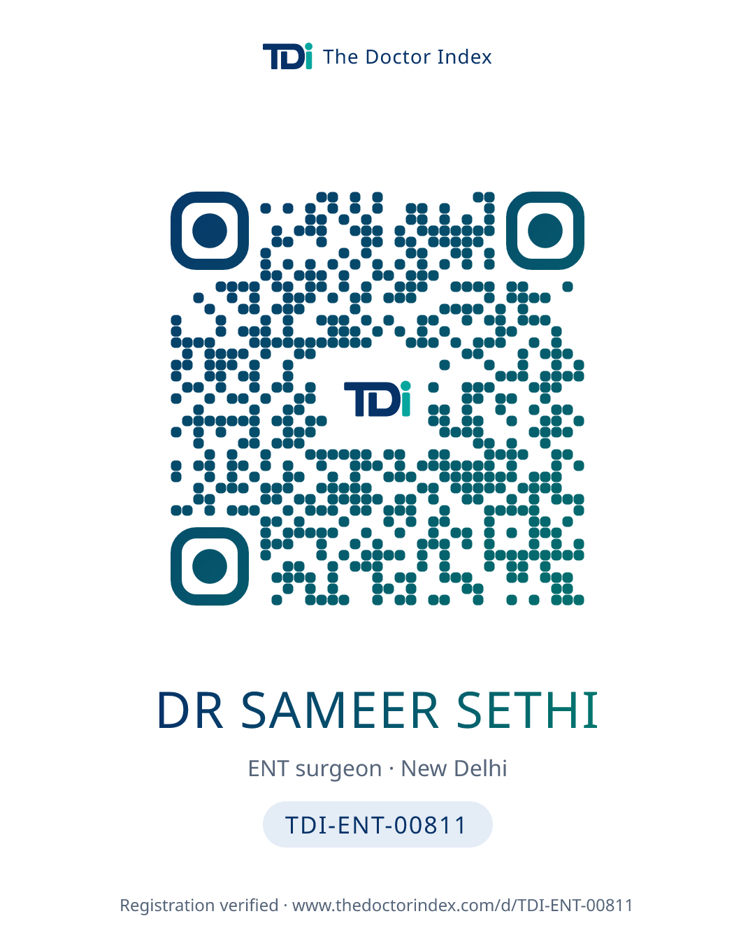 QR card for Dr Sameer Sethi, TDI-ENT-00811