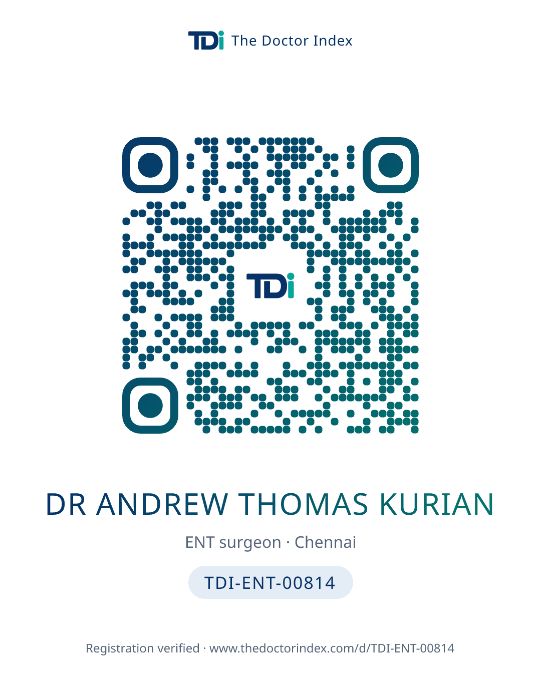 QR card for Dr Andrew Thomas Kurian, TDI-ENT-00814