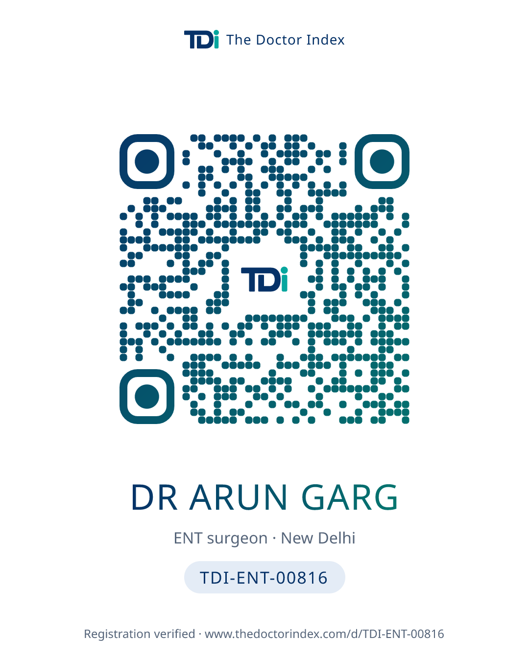 QR card for Dr Arun Garg, TDI-ENT-00816