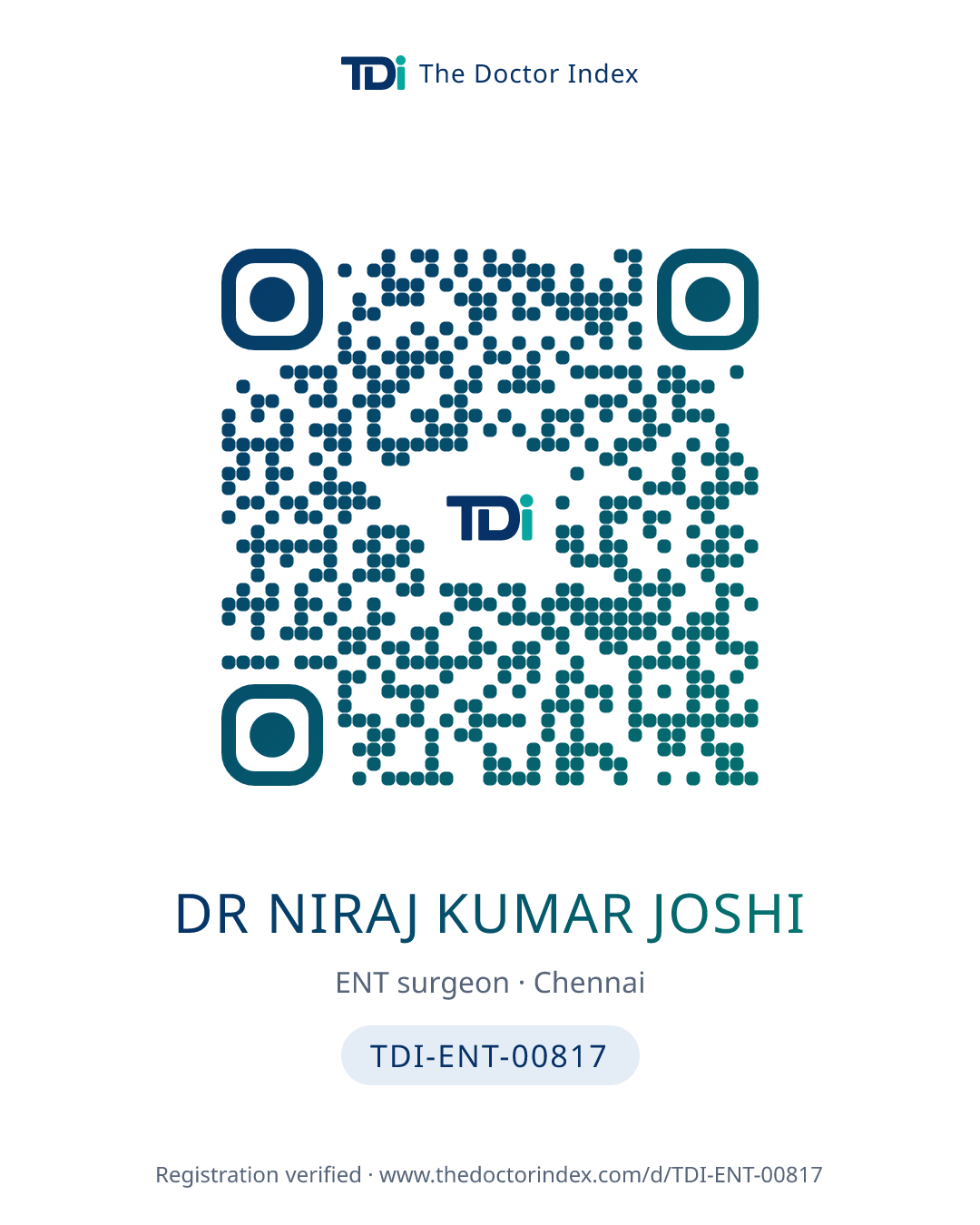 QR card for Dr Niraj Kumar Joshi, TDI-ENT-00817
