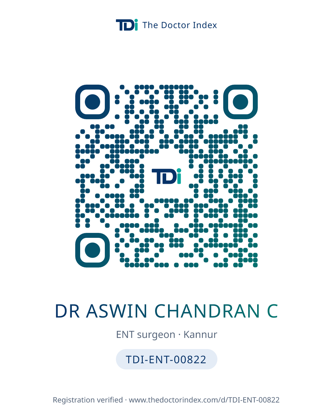 QR card for Dr Aswin Chandran C, TDI-ENT-00822