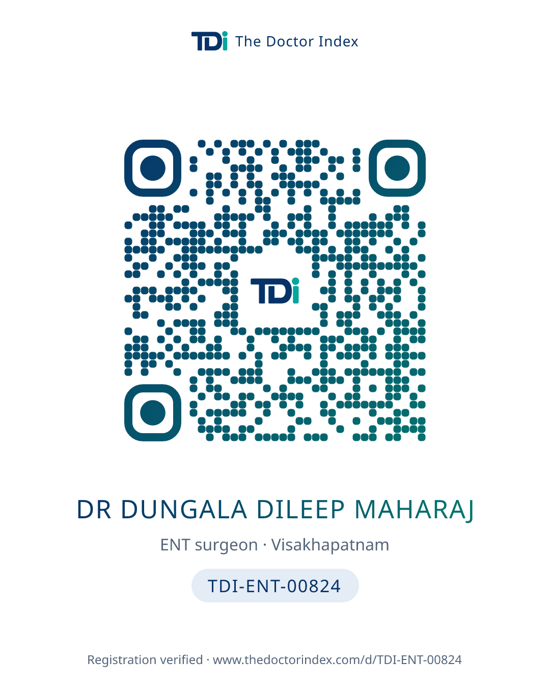 QR card for Dr Dungala Dileep Maharaj, TDI-ENT-00824