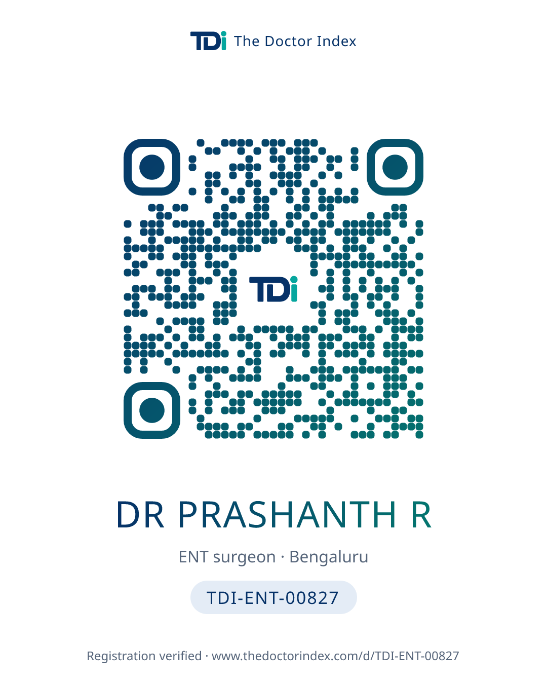 QR card for Dr Prashanth R, TDI-ENT-00827