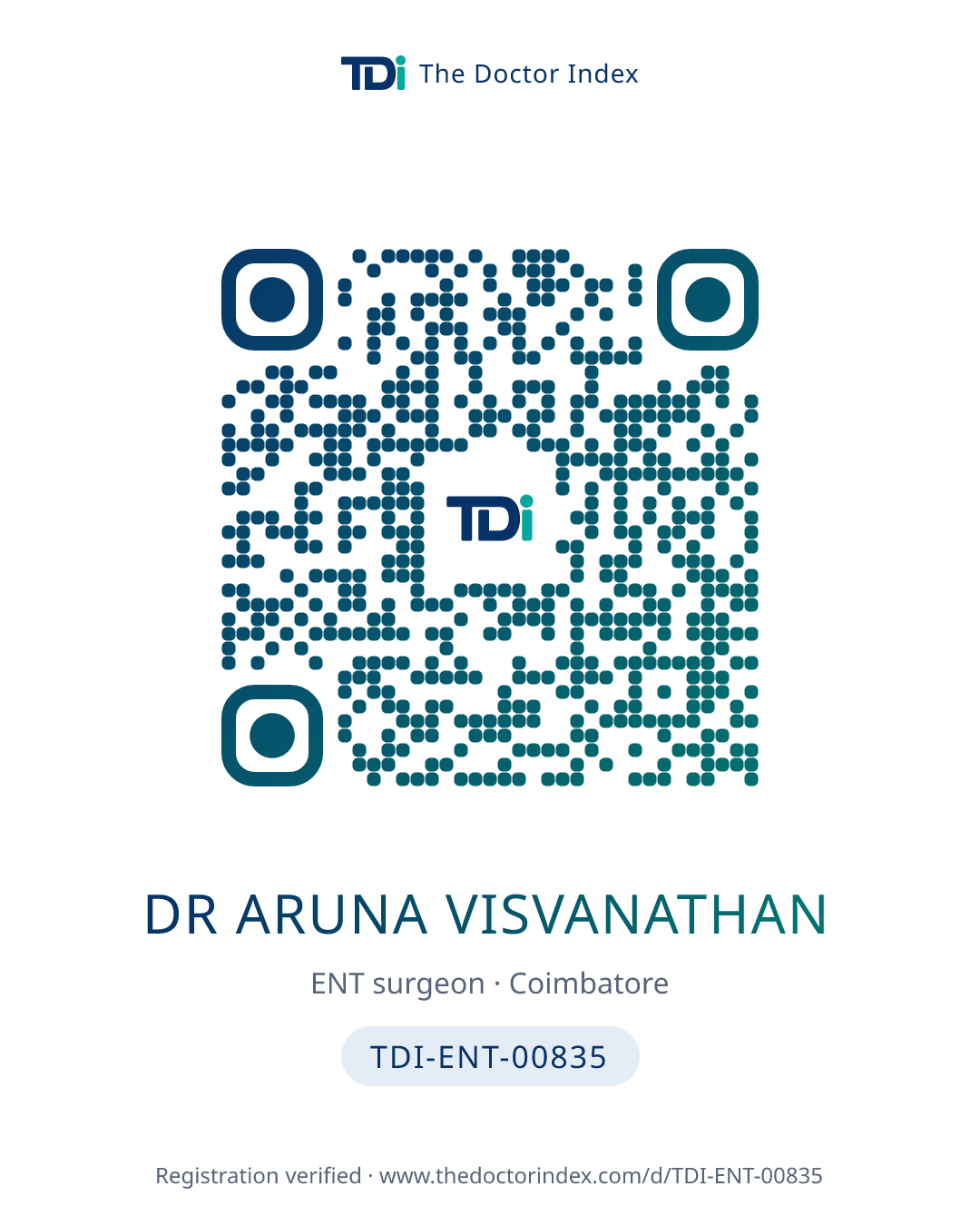 QR card for Dr Aruna Visvanathan, TDI-ENT-00835