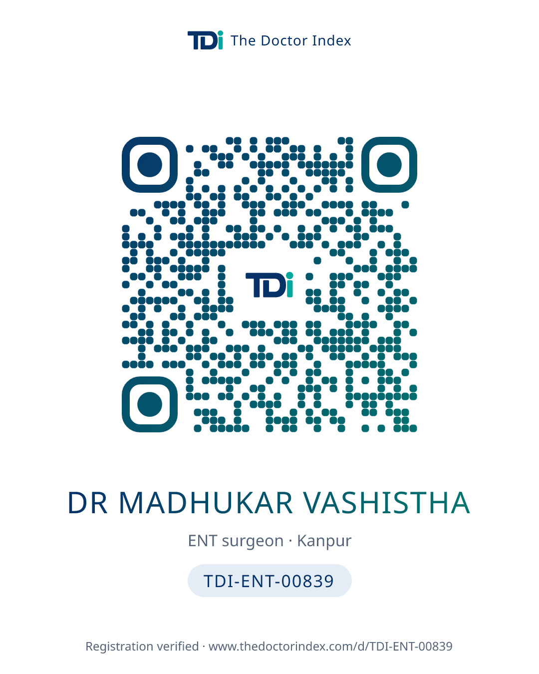 QR card for Dr Madhukar Vashistha, TDI-ENT-00839