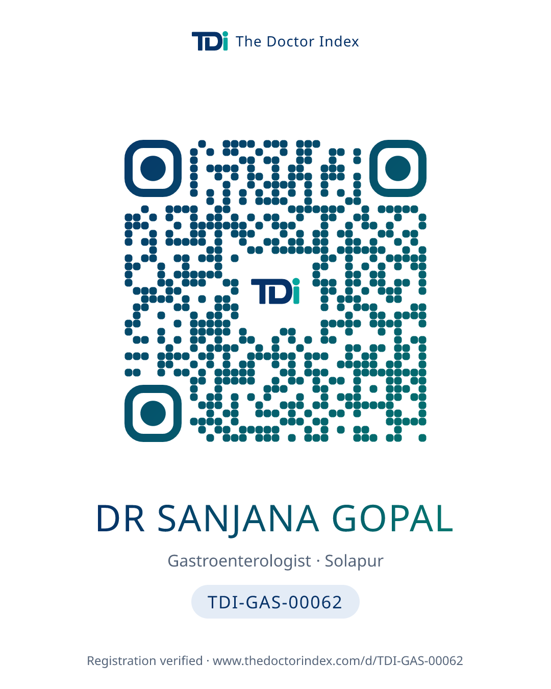 QR card for Dr Sanjana Gopal, TDI-GAS-00062