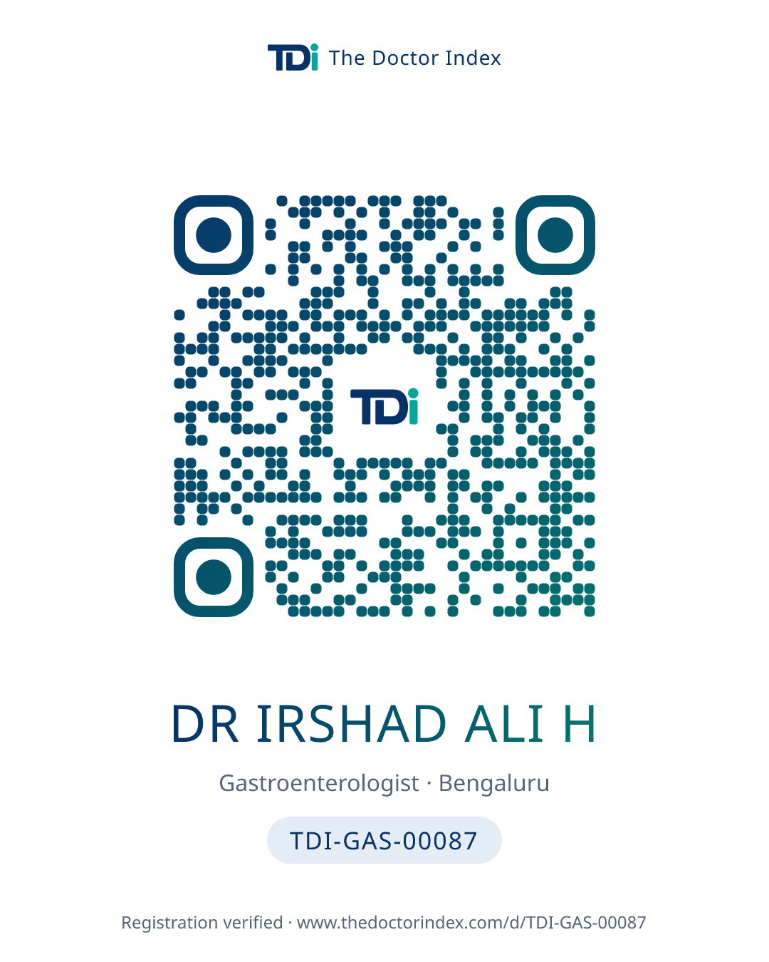 QR card for Dr Irshad Ali H, TDI-GAS-00087