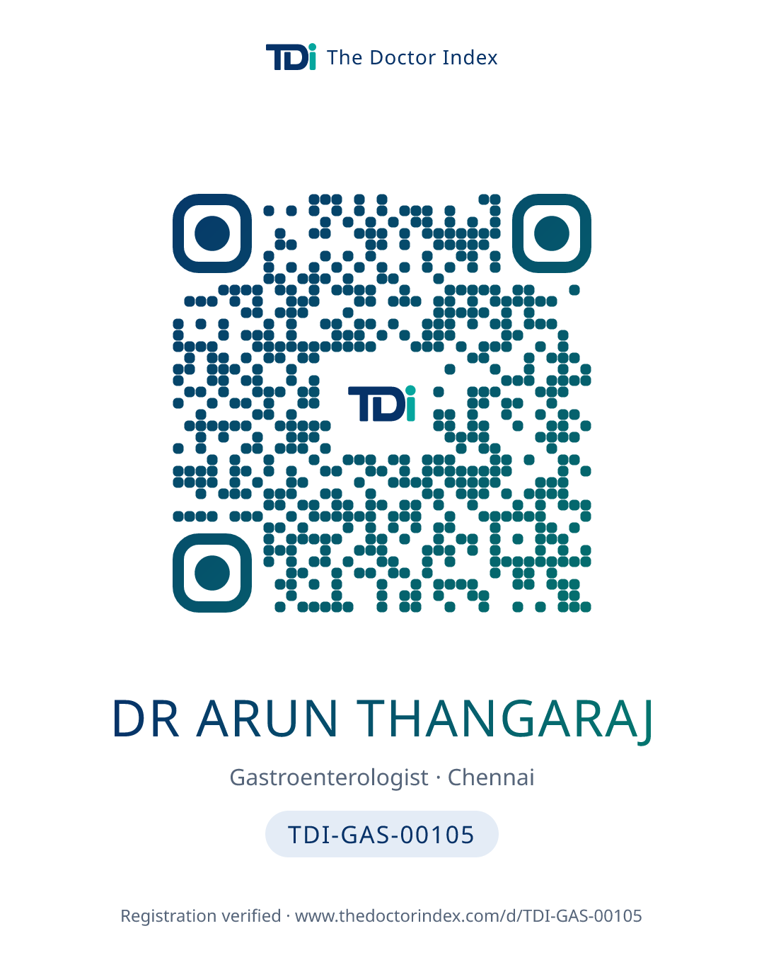 QR card for Dr Arun Thangaraj, TDI-GAS-00105