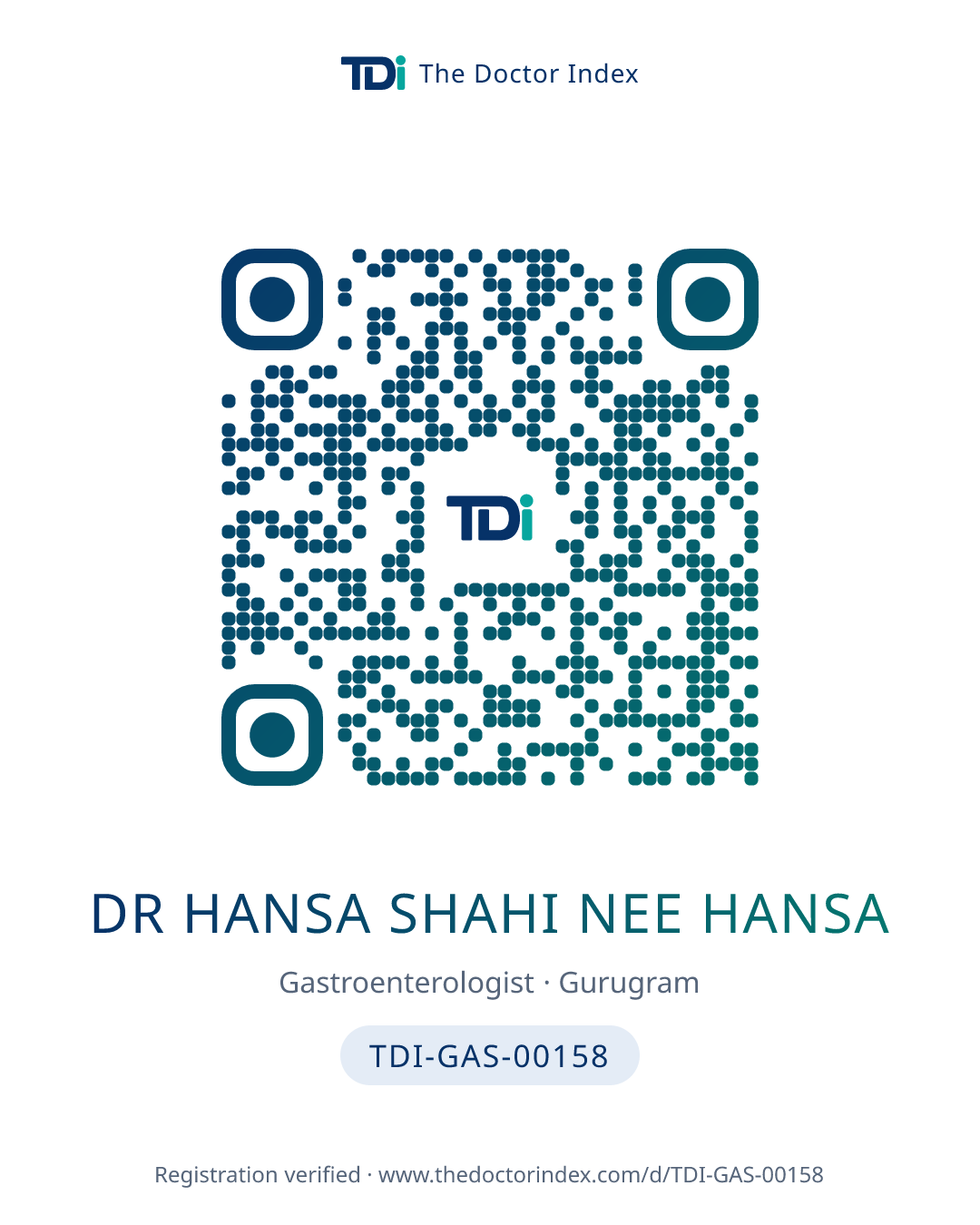 QR card for Dr Hansa Shahi Nee Hansa, TDI-GAS-00158