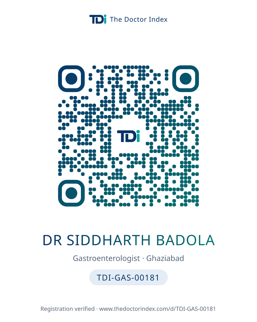 QR card for Dr Siddharth Badola, TDI-GAS-00181