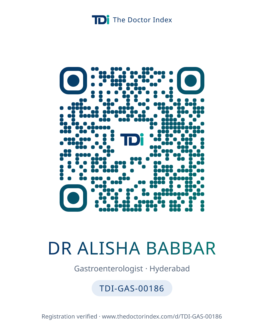 QR card for Dr Alisha Babbar, TDI-GAS-00186