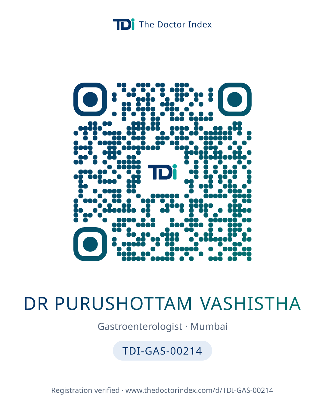 QR card for Dr Purushottam Vashistha, TDI-GAS-00214