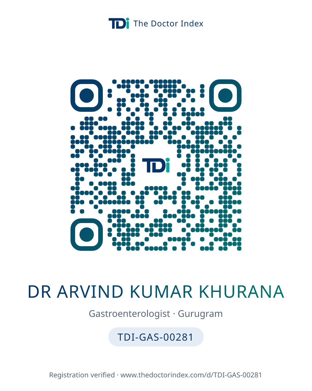 QR card for Dr Arvind Kumar Khurana, TDI-GAS-00281
