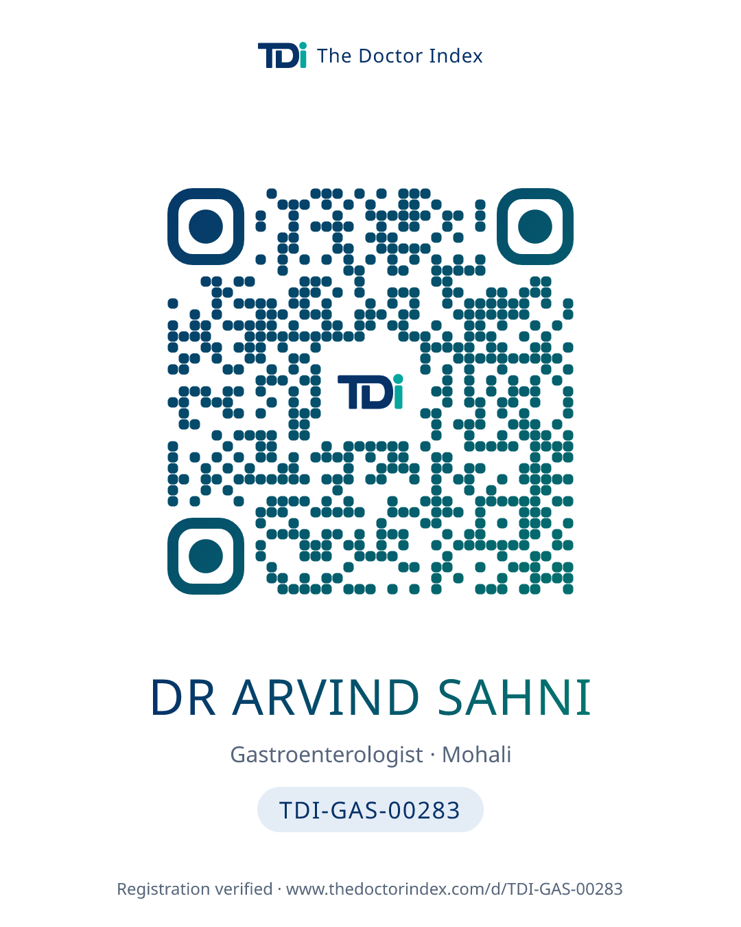 QR card for Dr Arvind Sahni, TDI-GAS-00283