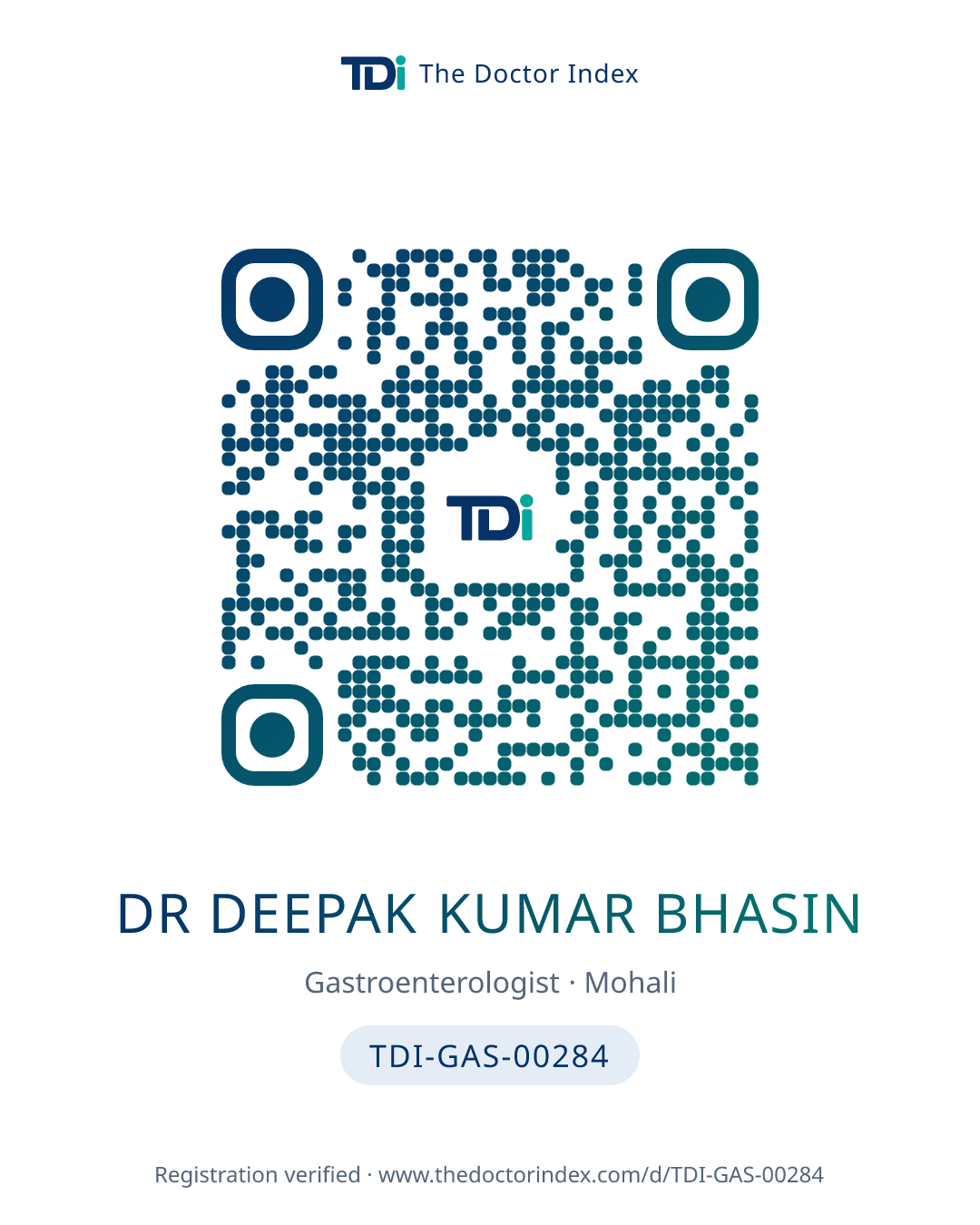 QR card for Dr Deepak Kumar Bhasin, TDI-GAS-00284