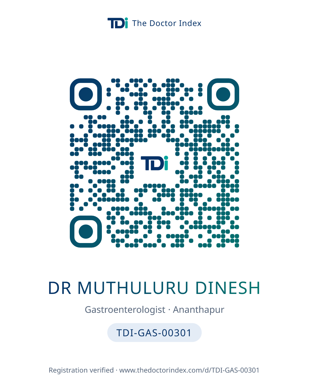 QR card for Dr Muthuluru Dinesh, TDI-GAS-00301
