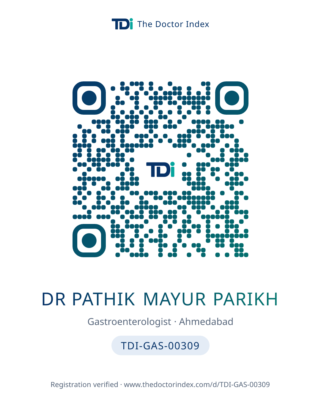 QR card for Dr Pathik Mayur Parikh, TDI-GAS-00309