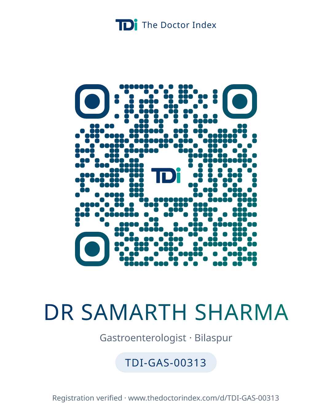 QR card for Dr Samarth Sharma, TDI-GAS-00313