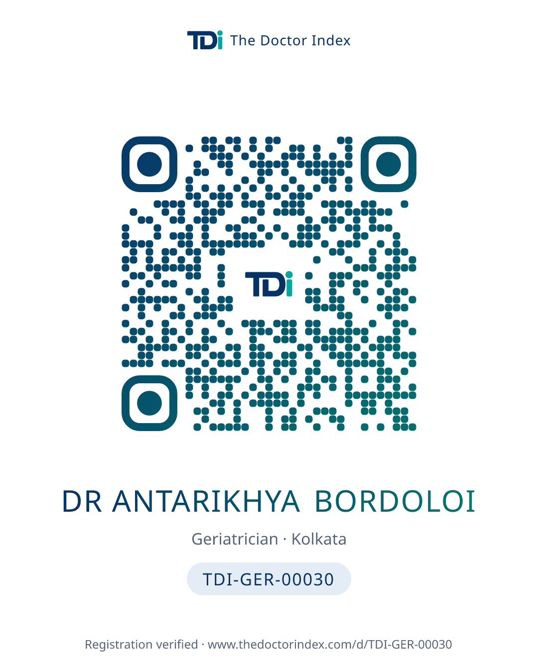 QR card for Dr Antarikhya Bordoloi, TDI-GER-00030