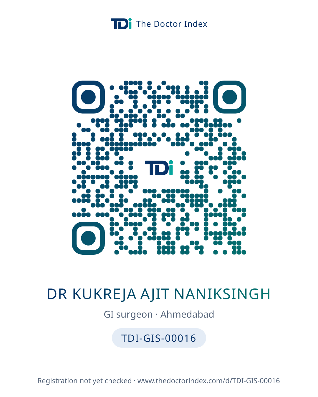 QR card for Dr Kukreja Ajit Naniksingh, TDI-GIS-00016