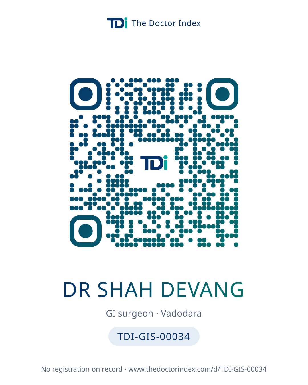 QR card for Dr Shah Devang, TDI-GIS-00034
