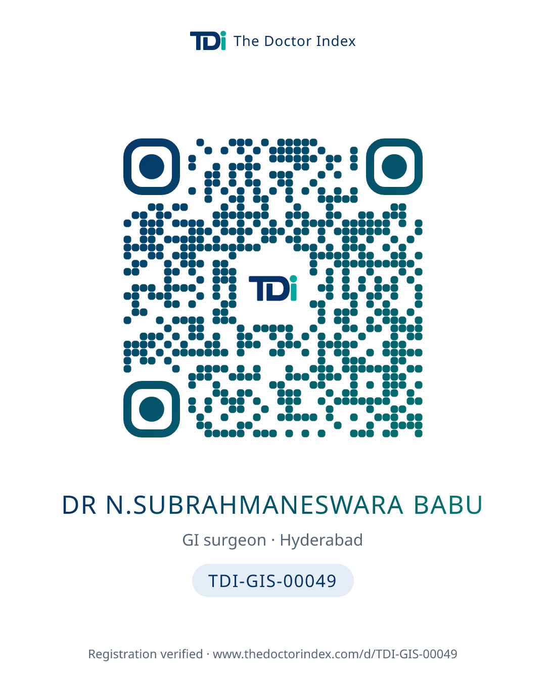 QR card for Dr n.subrahmaneswara Babu, TDI-GIS-00049