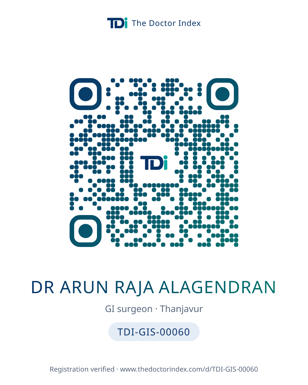 QR card for Dr Arun Raja Alagendran, TDI-GIS-00060