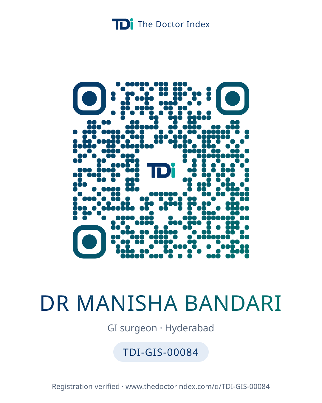 QR card for Dr Manisha Bandari, TDI-GIS-00084