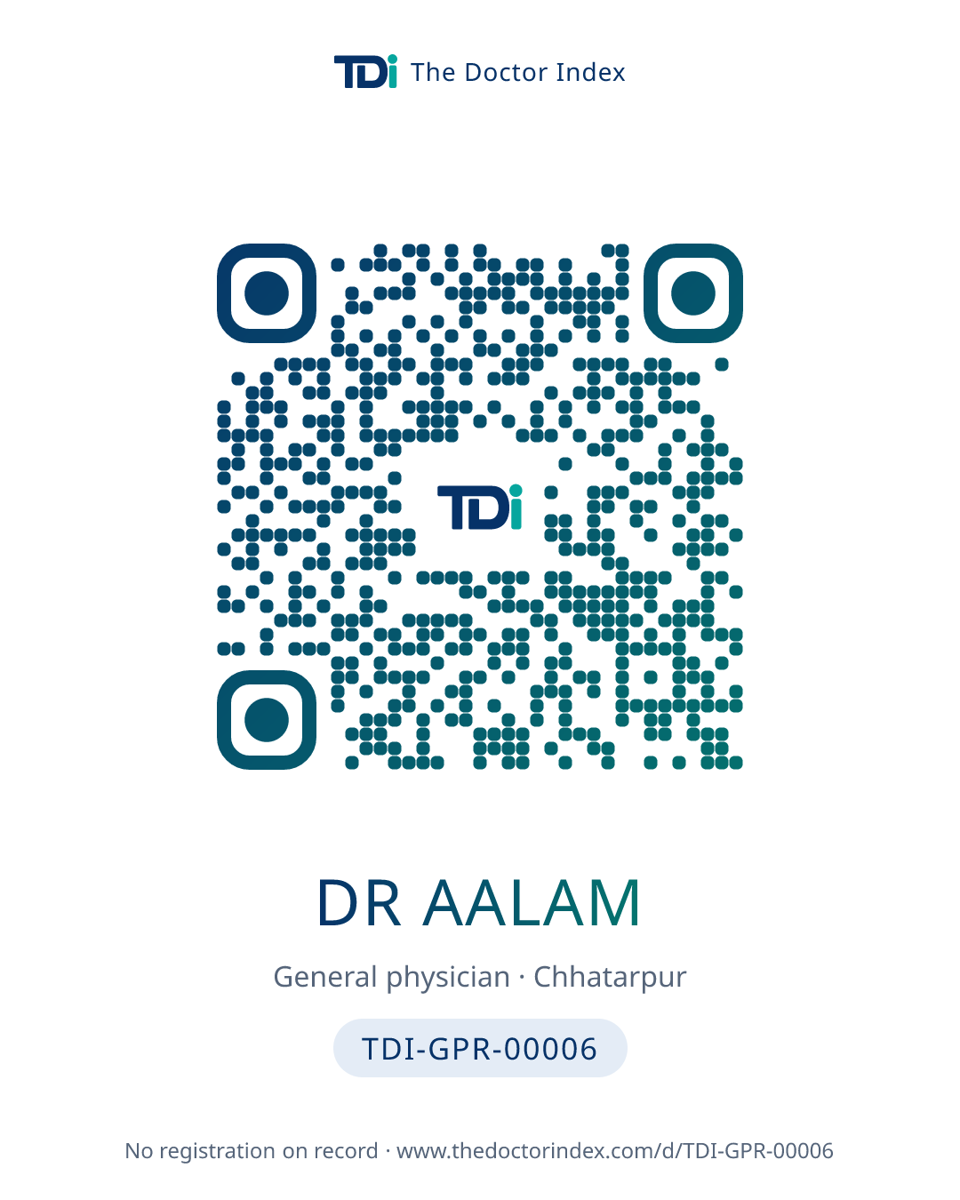 QR card for Dr Aalam, TDI-GPR-00006