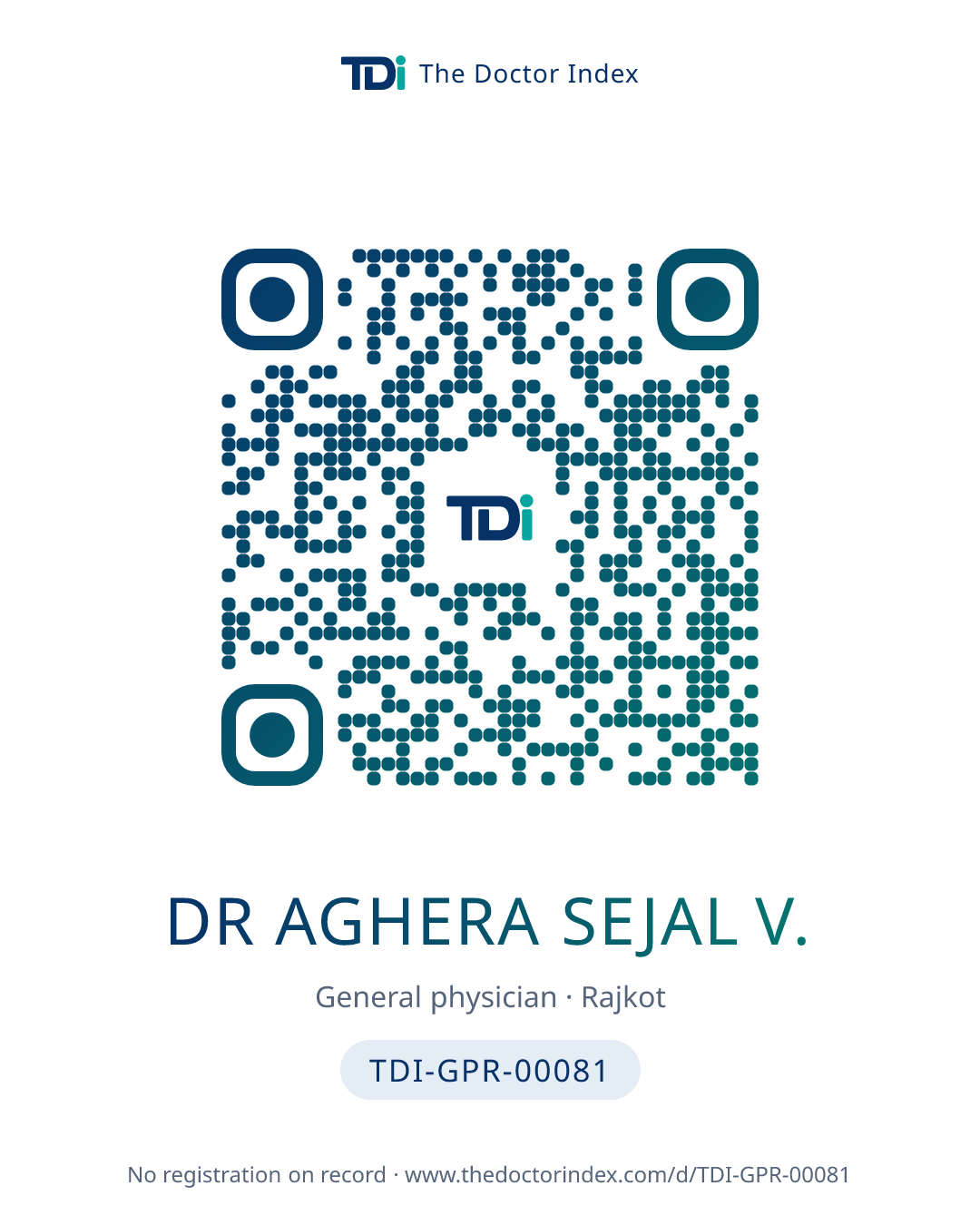 QR card for Dr Aghera Sejal V., TDI-GPR-00081
