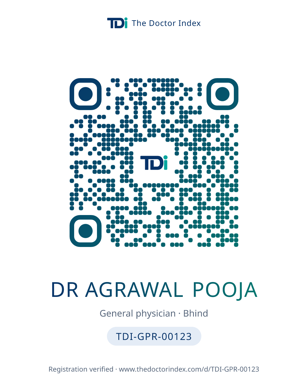 QR card for Dr Agrawal Pooja, TDI-GPR-00123