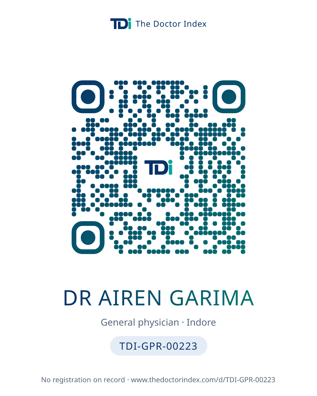 QR card for Dr Airen Garima, TDI-GPR-00223