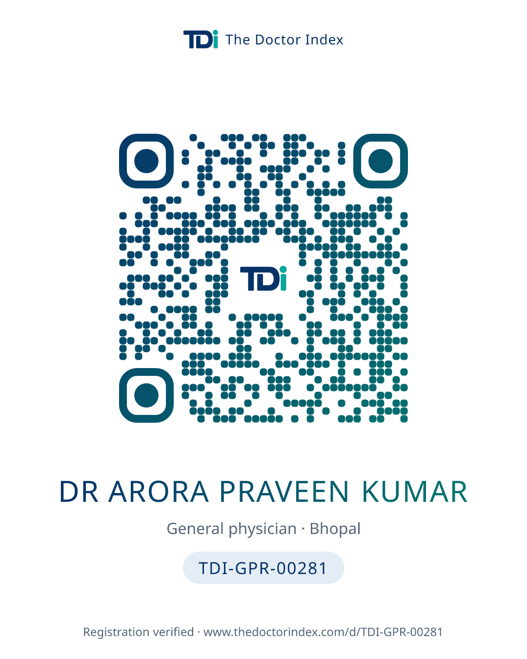 QR card for Dr Arora Praveen Kumar, TDI-GPR-00281